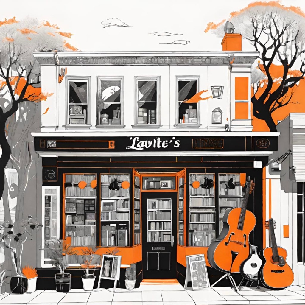 An illustration done in black, white, and orange showing Lawrie's Lutes and Lyres, a music shop in Stillwater Bay.