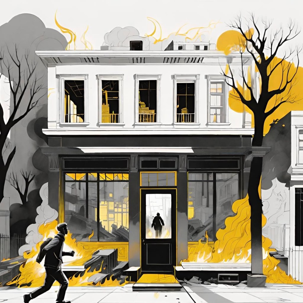 An illustration done in black, white, and yellow showing Lawrie's Lutes and Lyres engulfed in flames. A figure can be seen running through the flames while Mark gives chase.