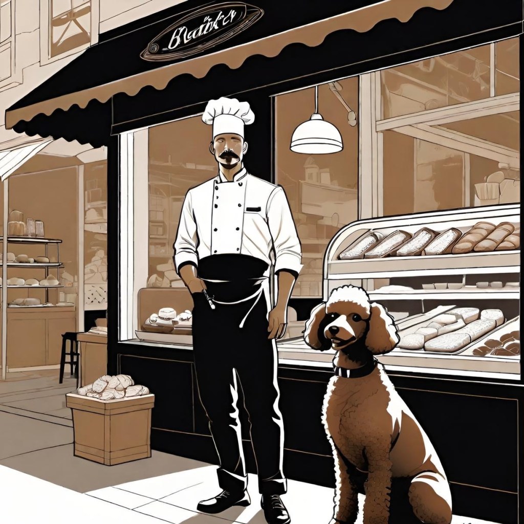 An illustration done in black, white, and brown showing a chef and his chocolate poodle standing in front of their doggie bakery.