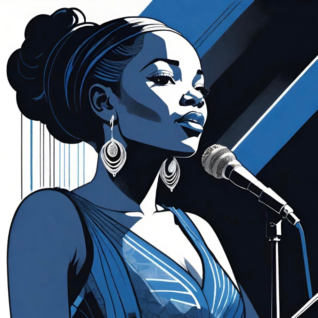 An illustration done in black, white, and blue of a Black woman singing into a microphone.