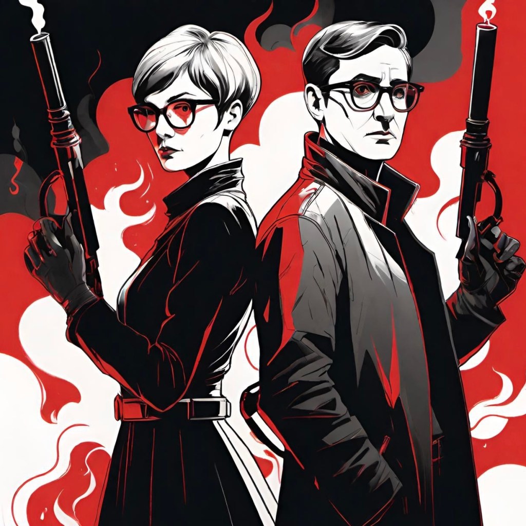 An illustration done in black, white, and red showing a woman and a man standing back to back, holding flame throwers.