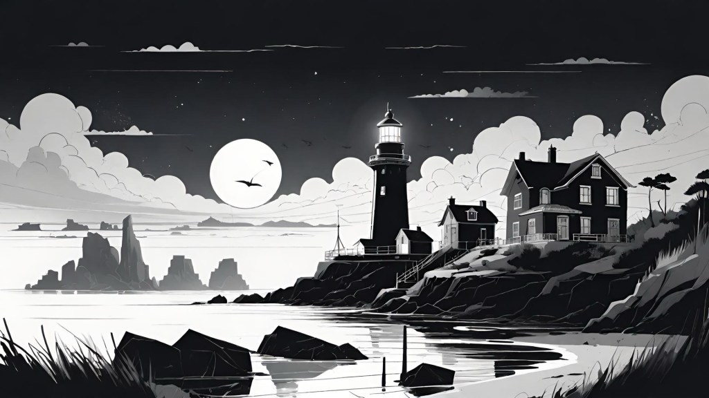 An illustration done in black and white showing the shoreline at night. A lighthouse and two houses can be seen in the moonlight, lining the edge of the shore.