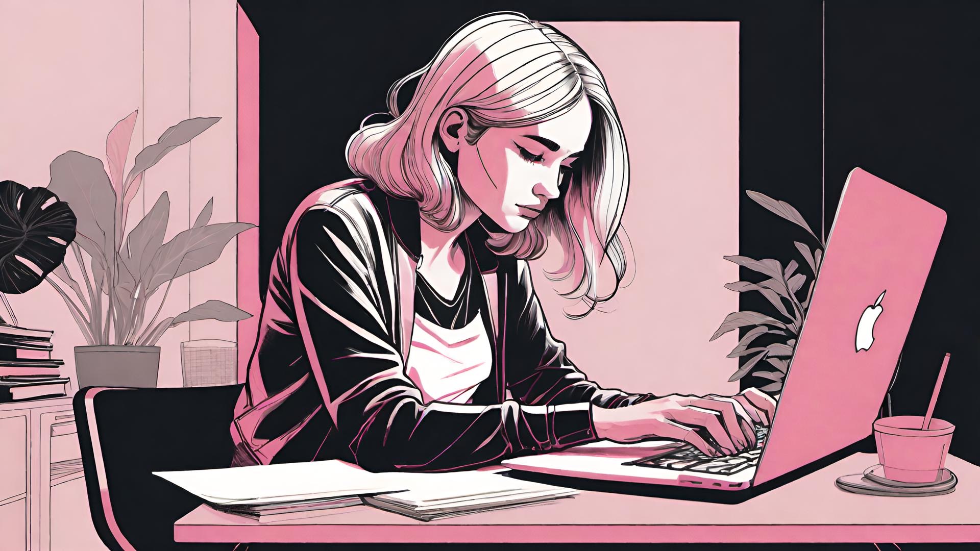 A woman sitting at a desk and typing on her MacBook. The image is black, white, and pink.