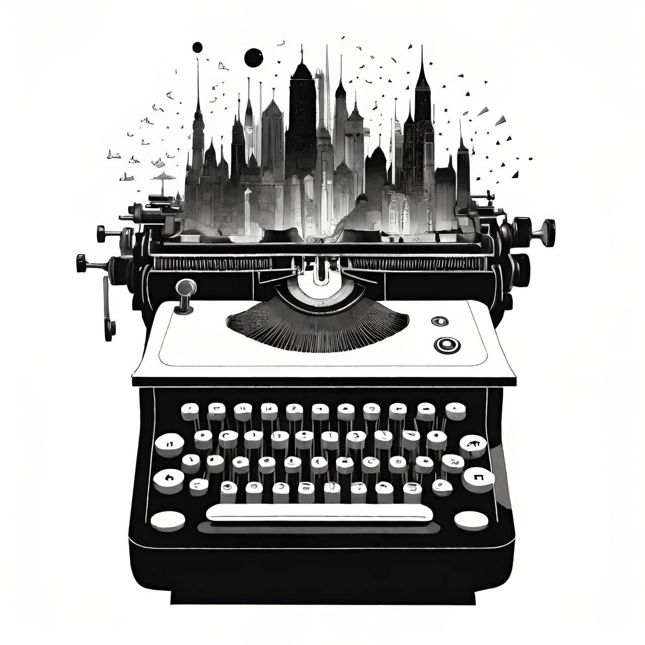 A black and white image of an old fashioned typewriter, but instead of words on paper, the typewriter is creating a sprawling city.