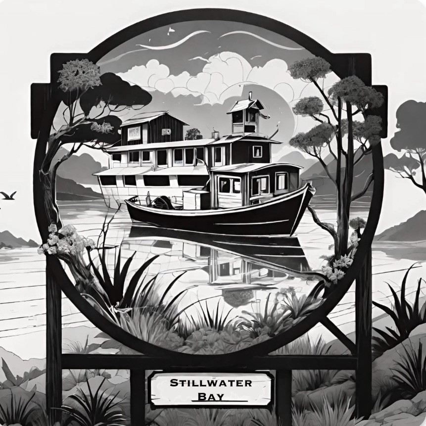 An illustration done in black and white showing a roadside sign for Stillwater Bay. The sign displays a boat float in the bay.
