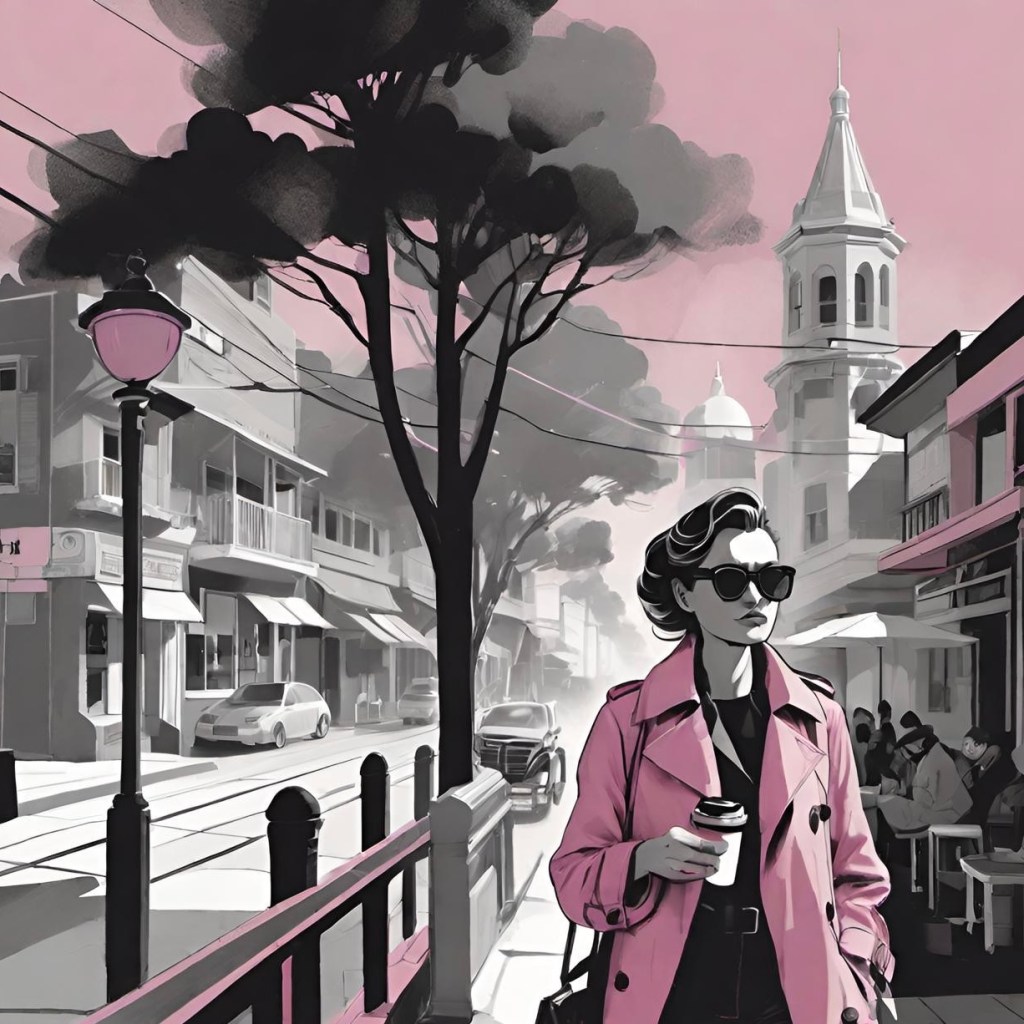 Illustration of a stylish person in sunglasses holding a coffee cup on a street with trees, street lamps, cars, and buildings, in a muted color palette.