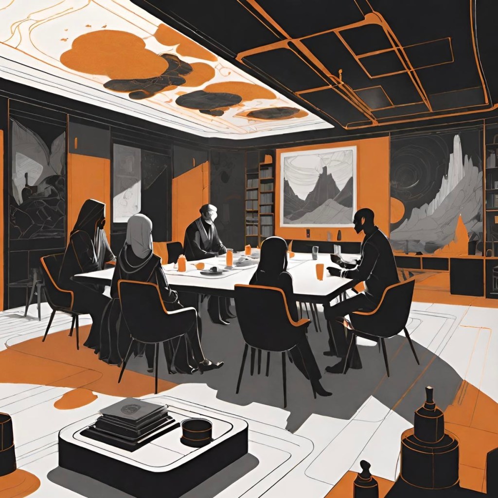 Illustration of people sitting around a table in a stylish room with unique orange and black decor, artistic wall murals, and a coffee table with books.
