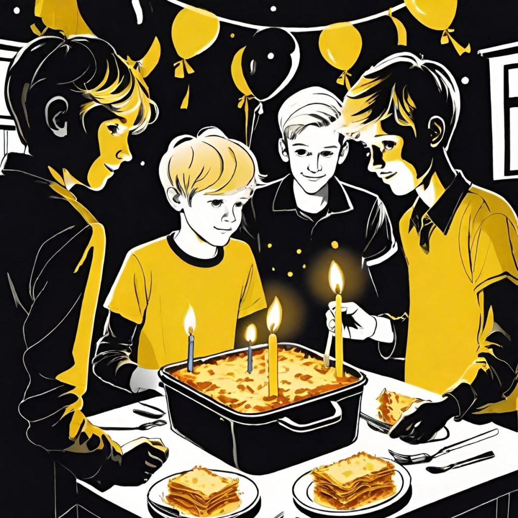 Illustration of four boys at a birthday party with a cake on the table, candles lit, and balloons in the background.