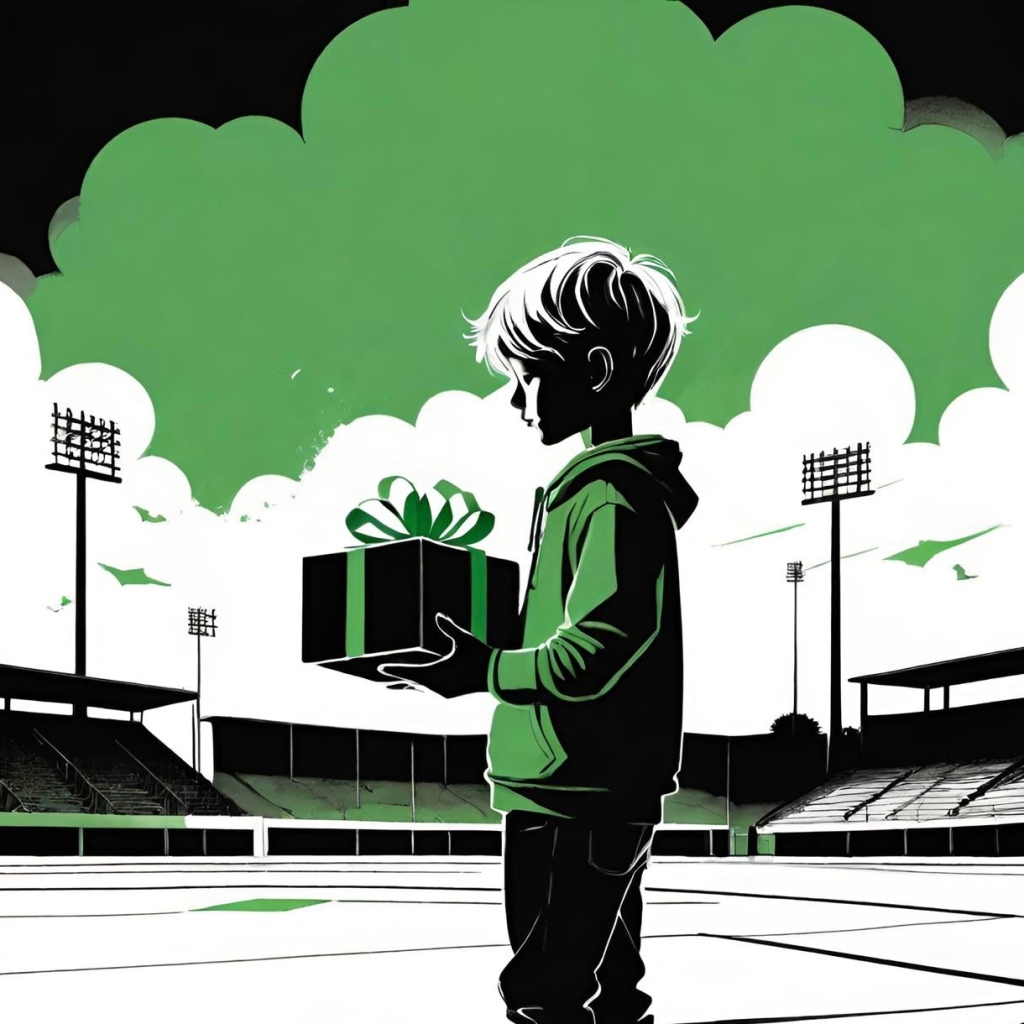 Illustration of a young boy holding a gift box in a stadium, with floodlights and large cloud formations in the background.