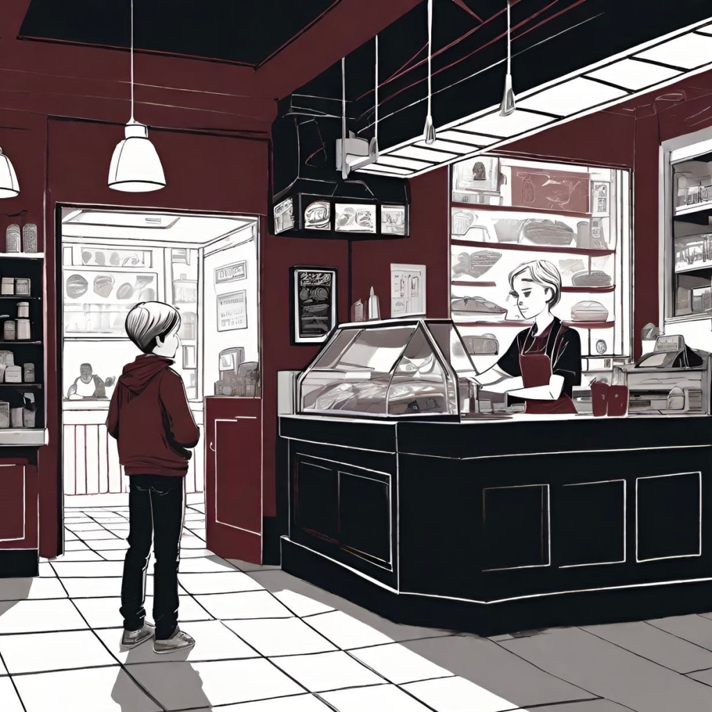 Illustration of a monochrome interior of a cafe with a customer facing a display case, and a barista standing behind it. Other details include pendant lights, shelves with products, a refrigerator, and various wall decorations.