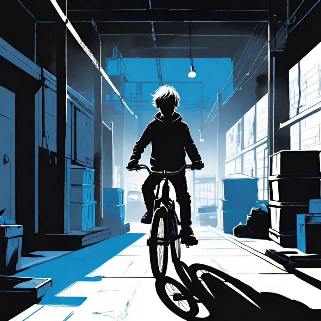 Silhouetted figure of a person riding a bicycle in an industrial or warehouse interior with strong light streaming through windows, creating contrast and long shadows.