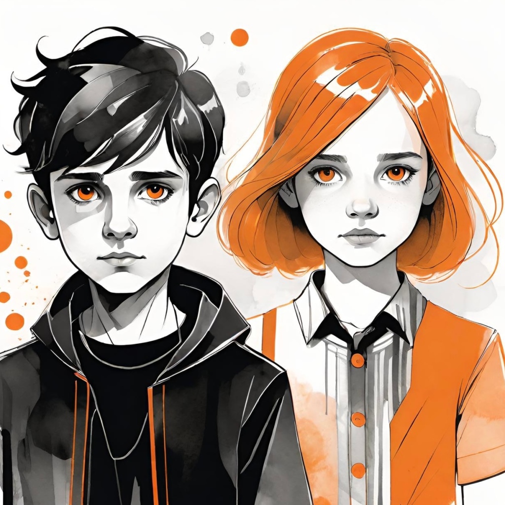 Illustration of a boy and a girl with striking orange eyes, the boy in dark attire and the girl in an orange-striped shirt.
