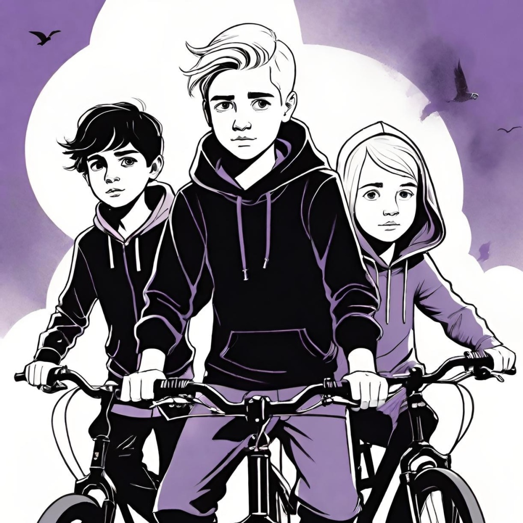 Illustration of three children on bicycles with a purple-hued background and flying birds.
