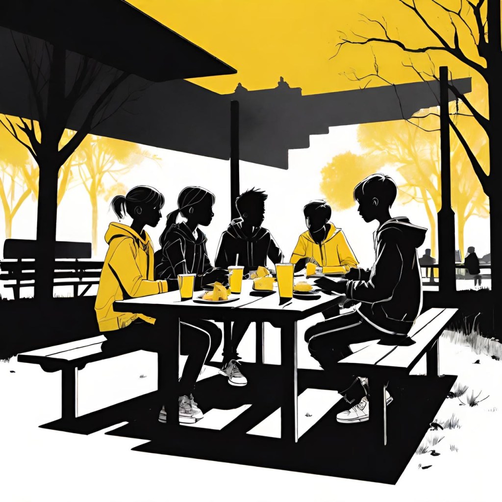Five silhouetted people sitting at a lunch table with drinks and food, set against a yellow and black stylized background.