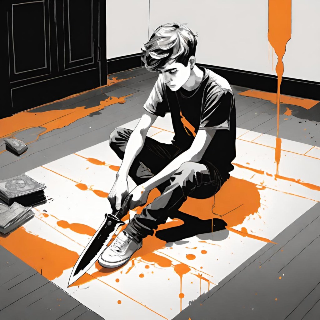 An illustration of a young person sitting on the floor, holding a knife, with blood splattered across the room and on the individual, done in black, white, and orange.