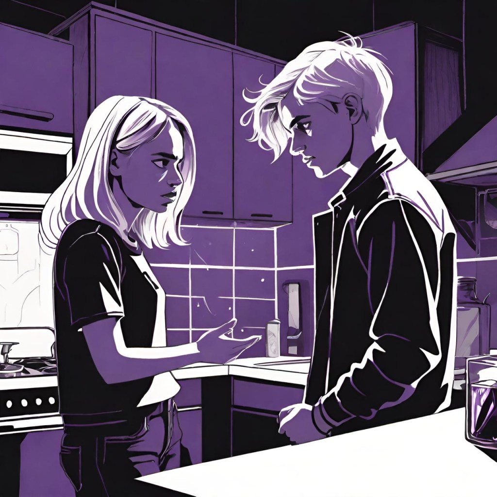 Two people standing in a kitchen, facing each other with serious expressions, portrayed in a monochrome purple illustration.