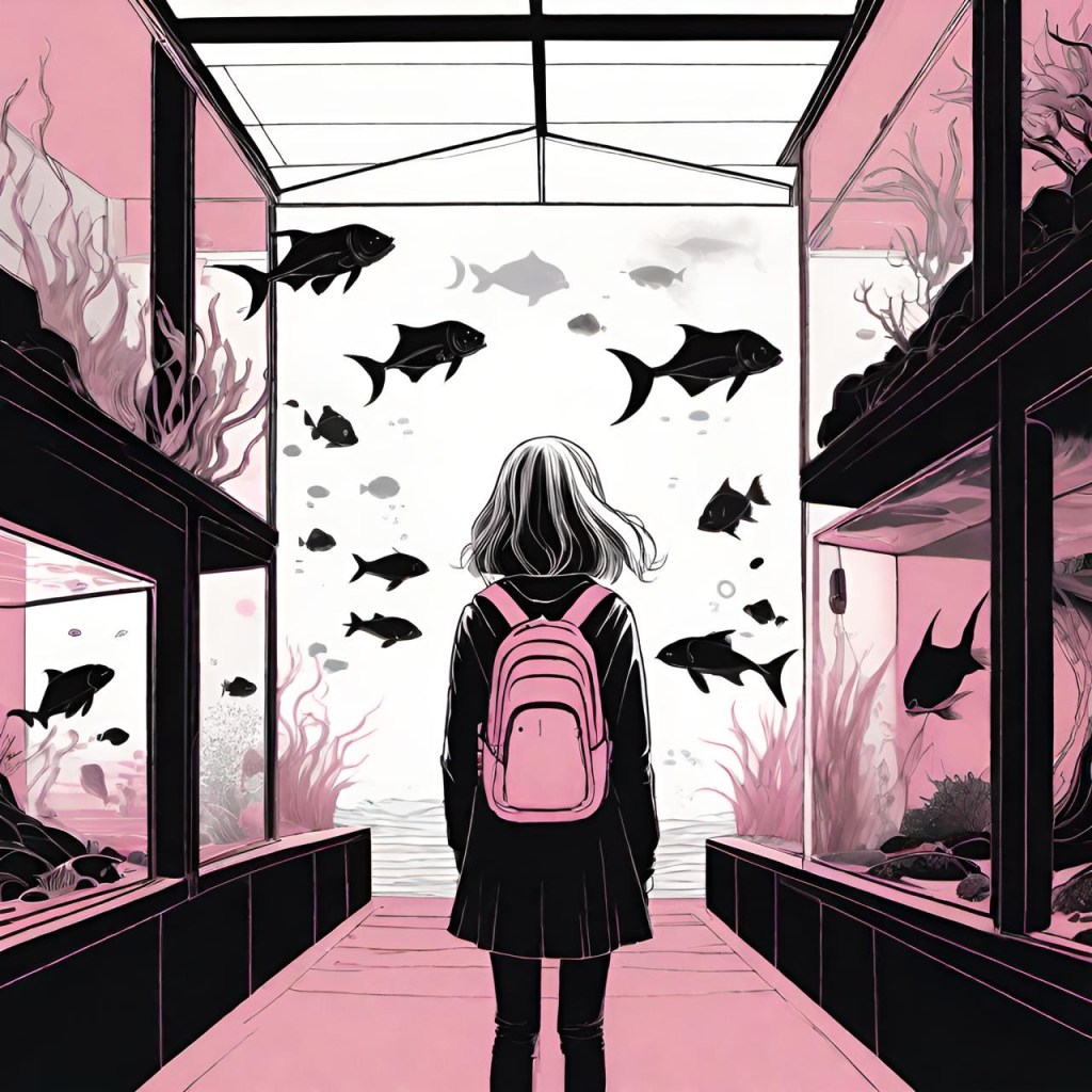 An illustration of a person with a backpack standing inside an aquarium tunnel, surrounded by fish tanks and various fish swimming around. The color scheme is primarily pink and black.