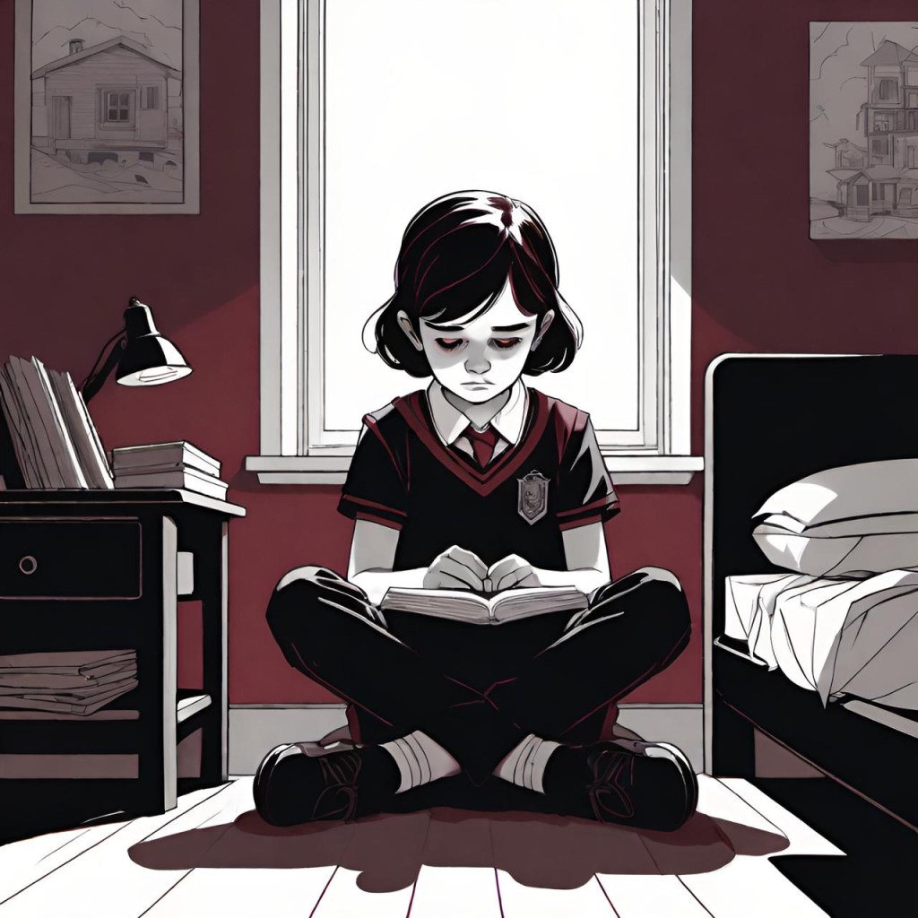 A monochrome illustration of a young girl sitting cross-legged on the floor, reading a book, with a pensive expression. She is wearing a school uniform in a bedroom setting, with a bed, a nightstand with books and a lamp.