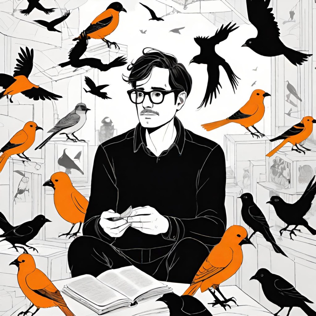 Illustration of a man with glasses sitting with a book surrounded by a mix of black and orange birds, some in flight and others perched, in a room with bookshelves.