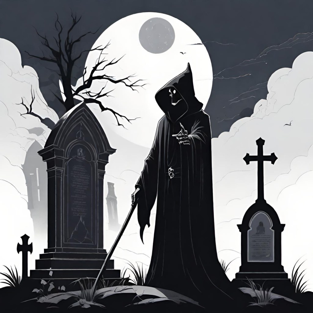 Illustration of a cloaked figure with a scythe standing in a spooky cemetery with tombstones, a leafless tree, and a full moon in the background.