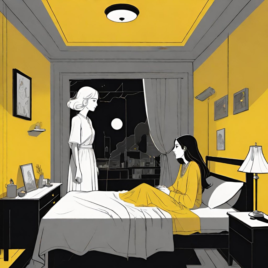 Two women in a yellow bedroom, one standing by the window and the other sitting on the bed, under a night sky with a full moon. The room has a few decorations and furniture, with a cityscape visible through the window.