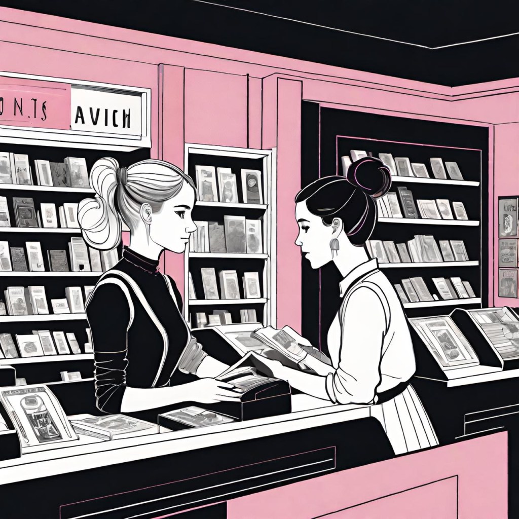 Illustration of two women at a bookstore checkout counter, one employee and one customer, with shelves of books in the background, all in a black, white, and pink color scheme.