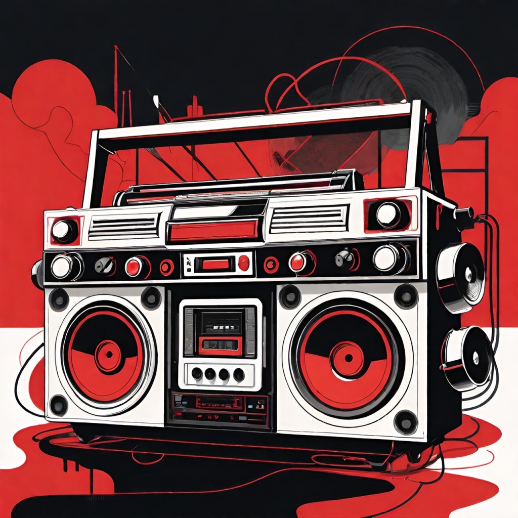 Illustration of a stylized boombox with red and black design elements against a red background.