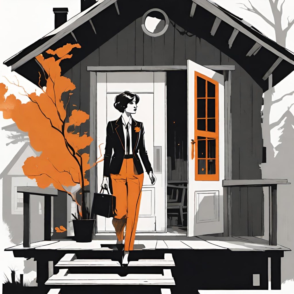Illustration of a woman in business attire stepping out of a small house with an open front door. The image is primarily in black, white, and orange tones, featuring a tree with orange leaves.