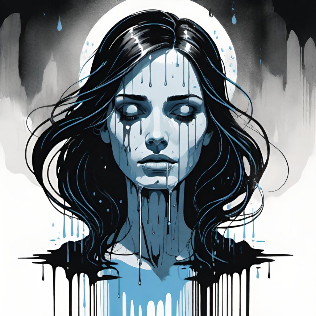 Abstract illustration of a woman with long, dark hair and haunting eyes, depicted in shades of blue and black, with water dripping down her face and body, giving a surreal and melancholic appearance.