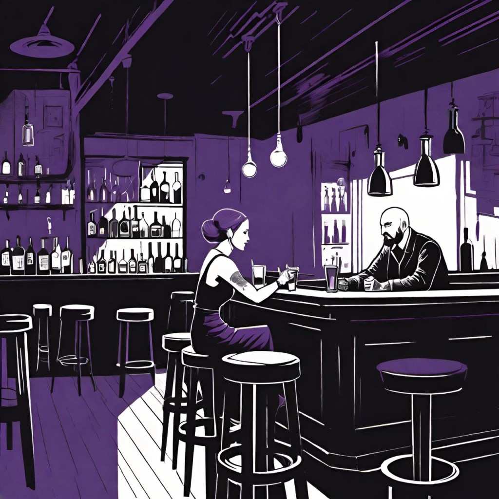 Illustration of a bar interior with a woman and a bartender sitting at the counter. Shelves of bottles and bar stools are visible in the background. The scene is depicted using dark purple and white tones.