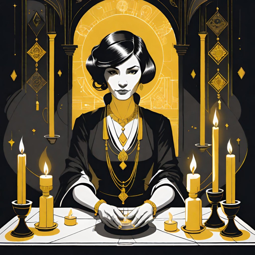A woman with short hair, dressed in black and gold, sits at a table adorned with lit candles and geometric decorations. The background features an ornate arch with a circular design, and the overall color theme is black and gold.