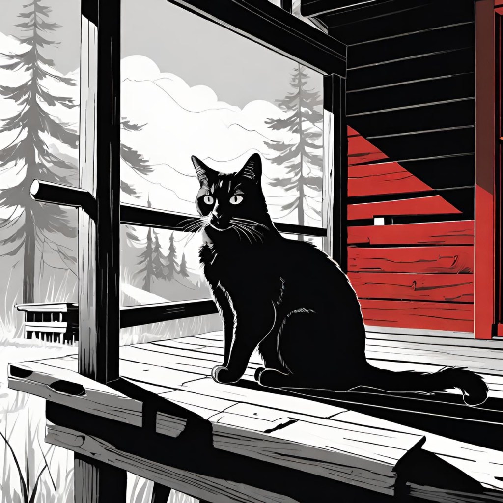 An illustration of a black cat sitting on a wooden porch with trees and mountains in the background.